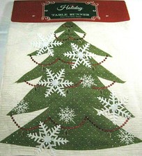 Holiday Table Runner Christmas Tree w/ Snowflakes 13" X 72" 100 Polyester Ecru