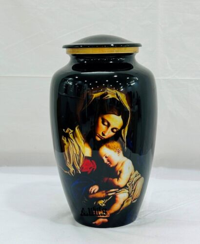 Black Cremation Urn with Mother Mary & Baby Jesus - Picture 1 of 13
