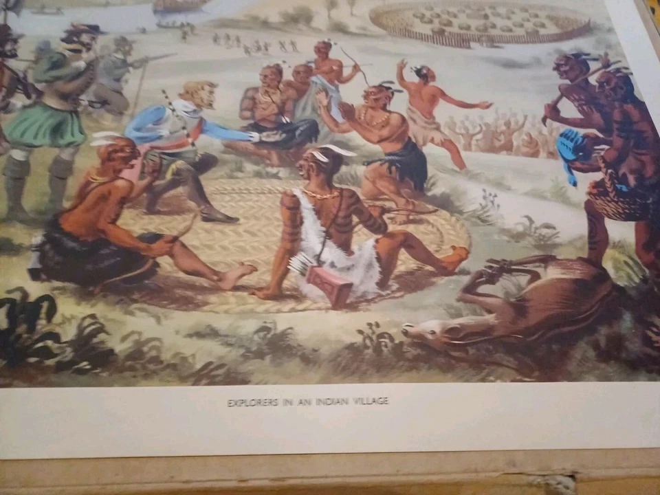  Vintage 1950s  Macmillan School Educational print poster Explorers In A Indian  - Image 2 of 4