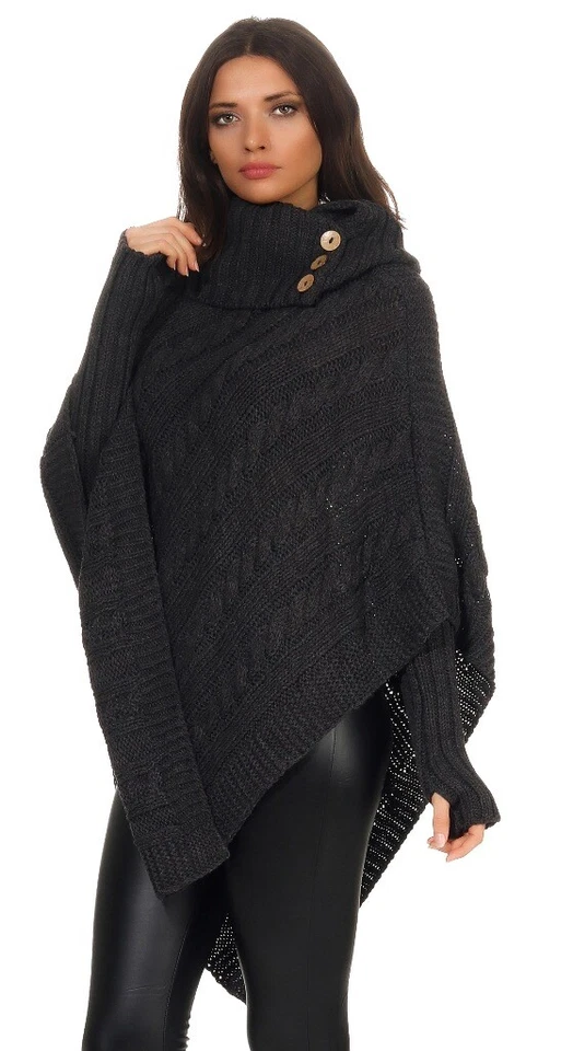 Mississhop Poncho Cape Strick Pullover Umhang Überwurf mit Stulpen 36 38 40 42 - Bild 4 von 4