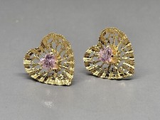 Woman's 14K Yellow Gold Diamond Cut Pink Topaz Heart-Shaped Stud Back Earrings