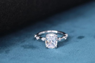 2.5 CT Cushion Cut Hidden Halo Moissanite Engagement Ring 14K White Gold Plated
