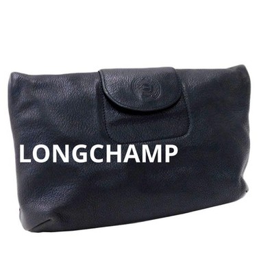 Longchamp Clutch Leather Bag Black 31cm W 19cm H 12cm D Rare Premium Edition