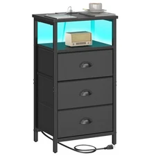 Nightstand with Charging Station,LED Black Nightstand with 3 Fabric Drawers P...