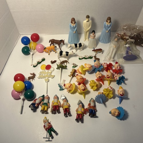 Lot Of Vintage Plastic Cupcake Toppers And Picks- Clowns, Gnomes, Wedding, Farm