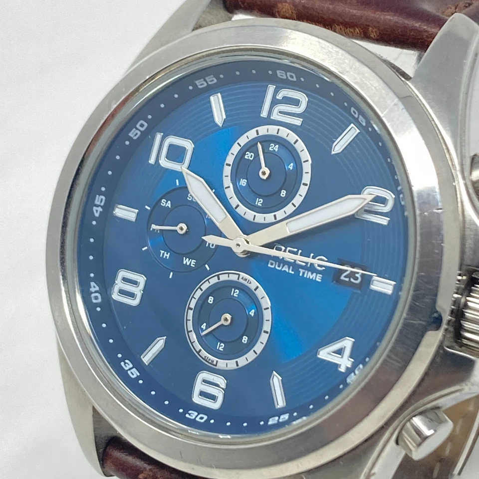 Reloj Reliquia Hombre 44mm Tono Plateado Doble Hora Día Fecha Esfera Azul Batería Nueva 9.5" Foto 4 de 4