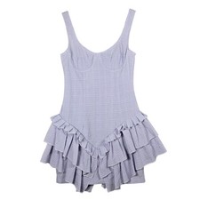 PrettyLittleThing Mini Dress Size 2 Lilac Purple Plaid Seersucker Ruffle Bustier