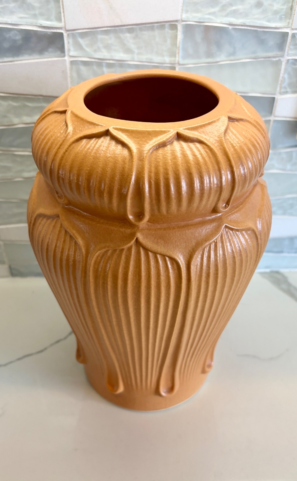 Grueby Pottery Vase by George Kendrick, Maddux & Munman, Lotus Leaf Design, 11”