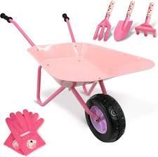 Kids Wheelbarrow Set Metal, Pink Child Wheel Barrel and Kids Gardening Tools Tod
