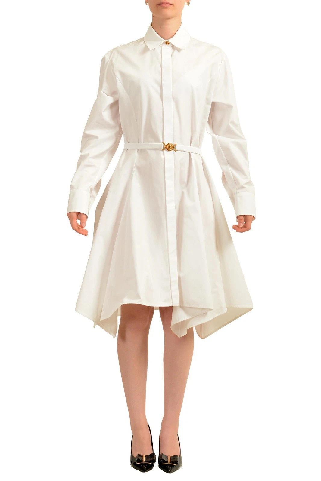 Versace — Versace Women's White Asymmetrical Belted Shirt Dress US M IT 42