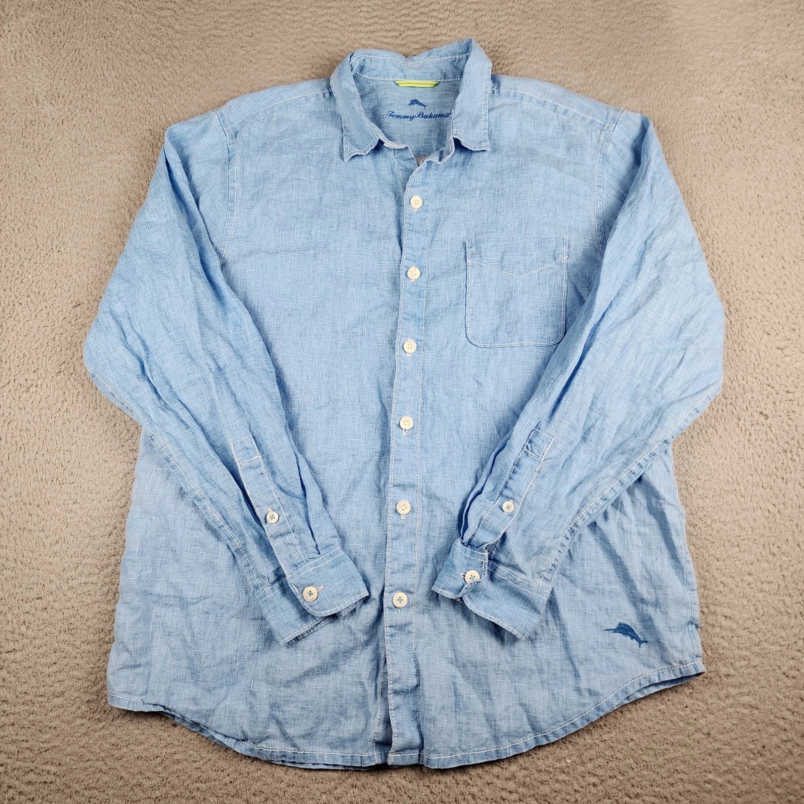 Tommy Bahama Shirt Mens Large Blue Linen Long Sleeve Hawaiian Summer Sun