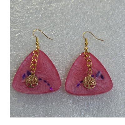 Handcrafted Resin Triangle Dangle Earrings Pink Gold Nature Theme Hook Women
