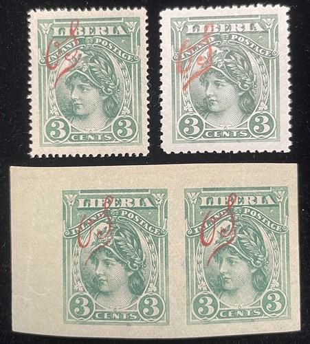 Liberia Official Stamps 1903 3c. Green IMPERF PAIR & Two Singles, Mint Sc O43 - Picture 2 of 3