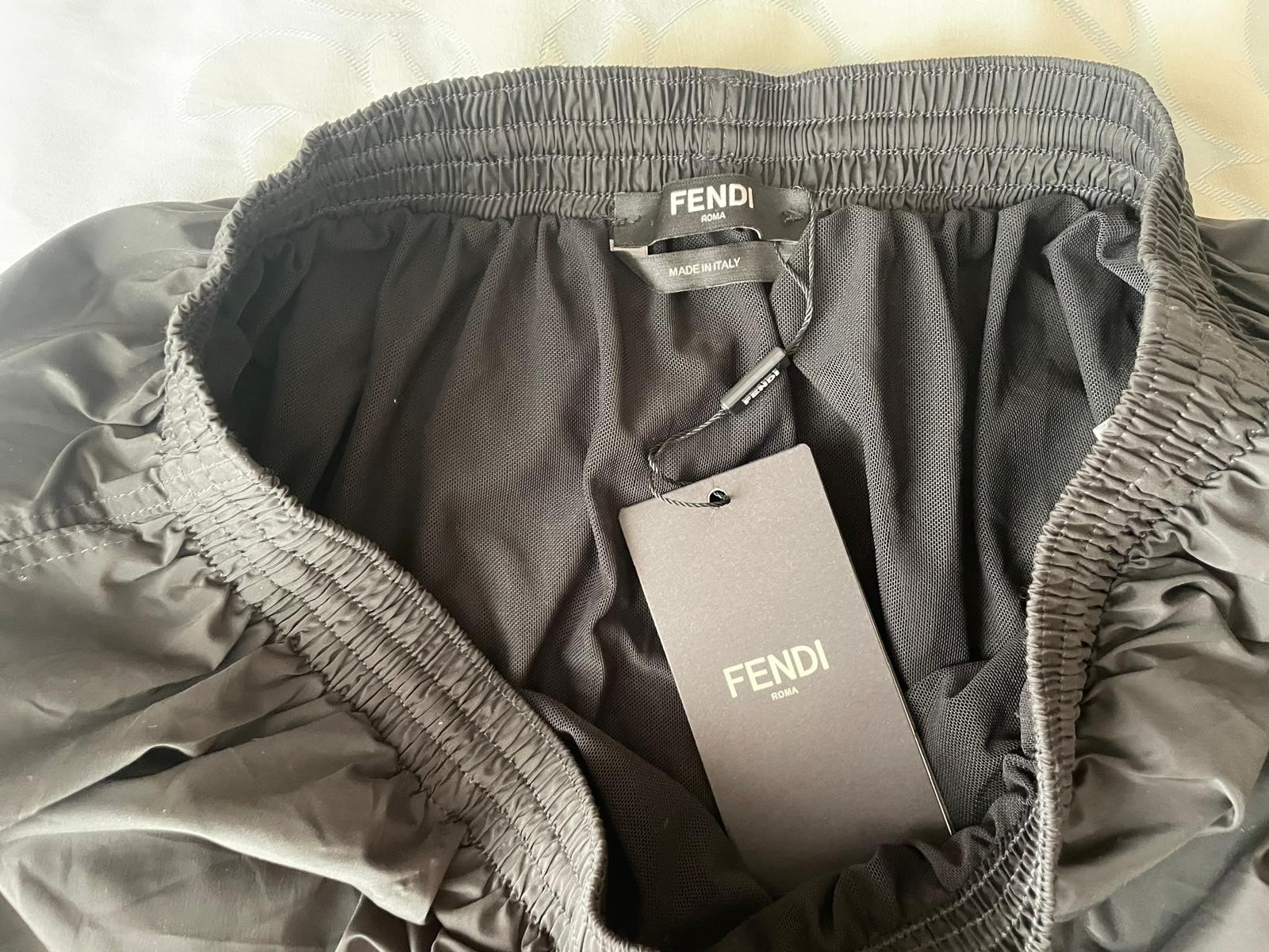FENDI ROMA Men's Luxury Swim Shorts - Black with Orange Drawstring - NWT image 2