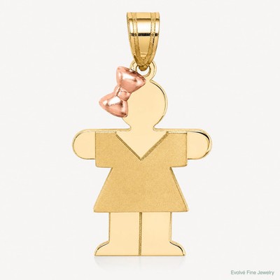14K zweifarbiges kleines Mädchen mit Schleife links gravierbarer Charm