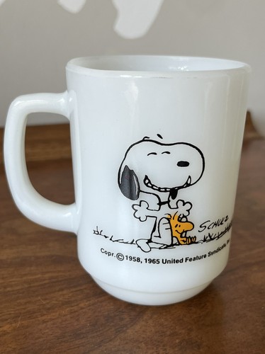 Vintage 1965 Fire King SNOOPY Woodstock Mug "This Has Been A Good Day!" Peanuts