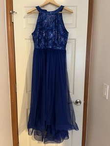 lace royal blue bridesmaid dresses Royal Blue A-line Illusion Lace One Shoulder Tulle Long Bridesmaid Dress Royal Blue / Custom Size main image 1