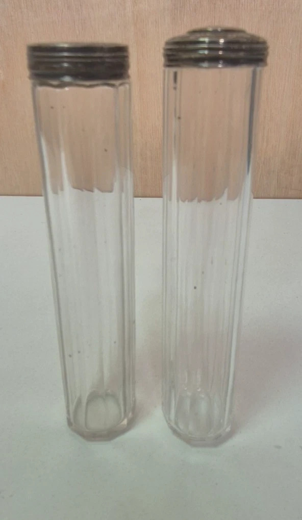 Vintage Set Of 2 Early 90's Glass Scent Bottles Silver Tops Hallmarked