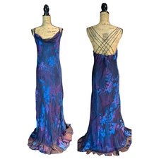 90s Y2k Monsoon Blue & Purple Long Bias Cut Devore Beaded Dress UK 18/20 💜US 16