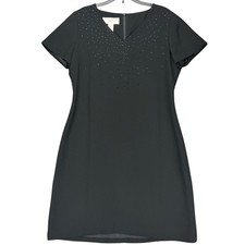 Jones New York Vtg Black Beaded V-Neck Dress Petite Size 12P Short Sleeve Y2K