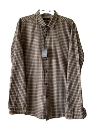 Hugo Boss Shirt Mens XL Chocolate Slim Fit Cotton Plaid Long Sleeve Button Up