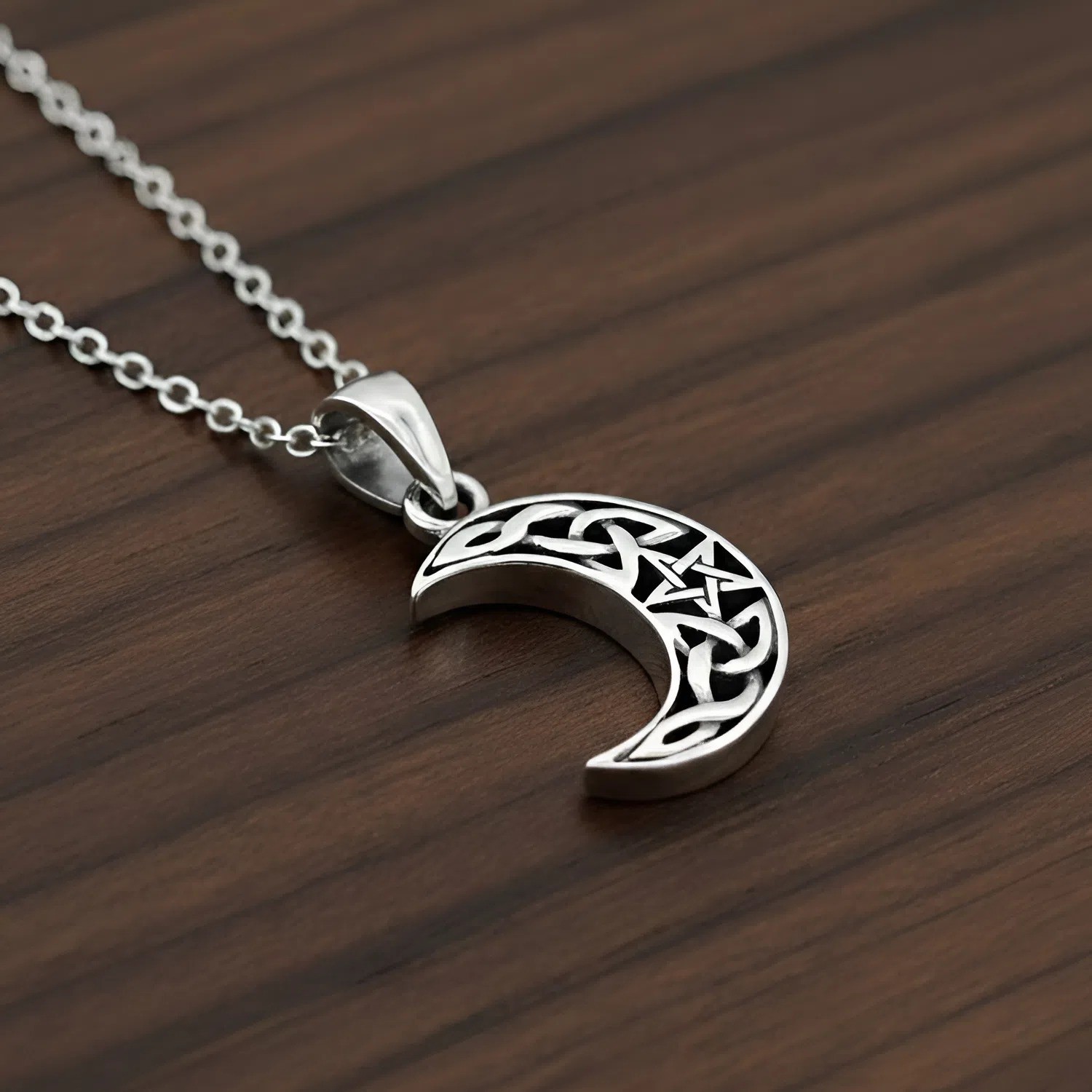 Crescent Moon Necklace - .925 Sterling Silver Celtic Pentagram Pendant ...