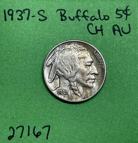 1937-S Buffalo 🦬 Indian Head Nickel 5c CH AU About Uncirculated