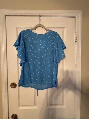 Loft Women s Blue Fluttered Patterned Shirt Sleeve Blouse Shirt