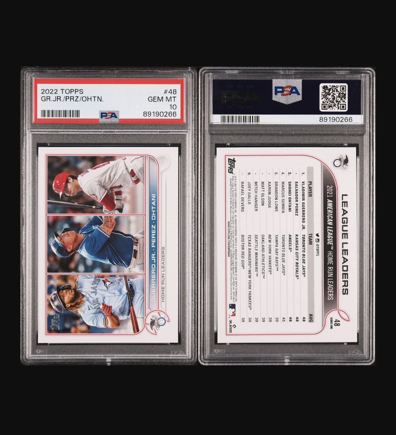 Topps 2022 League Leaders #48 Guerrero Jr Perez Ohtani PSA 10 view 1