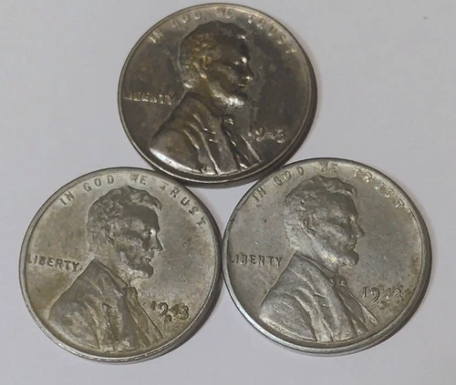 1943 P, D & S Lincoln Wheat, Steel War Pennies, Fine Condition
