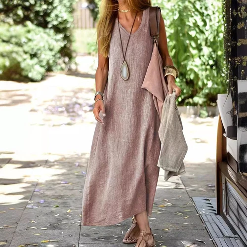 Maxi vestido sin mangas informal de lino de algodón liso para mujer con cuello redondo - Imagen 10 de 20