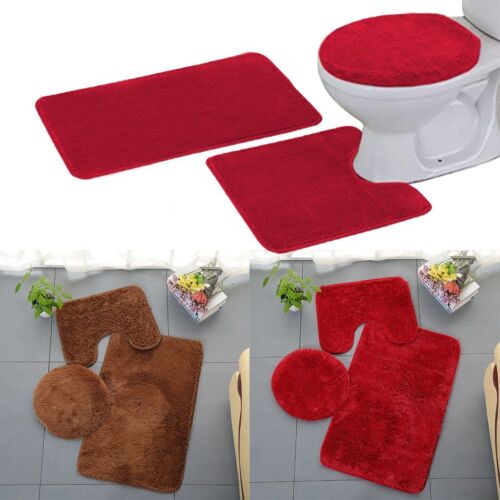 Set of 3Pcs Soft Plush Bathroom Rug Contour Mat Toilet Lid Cover Plain Bathmats