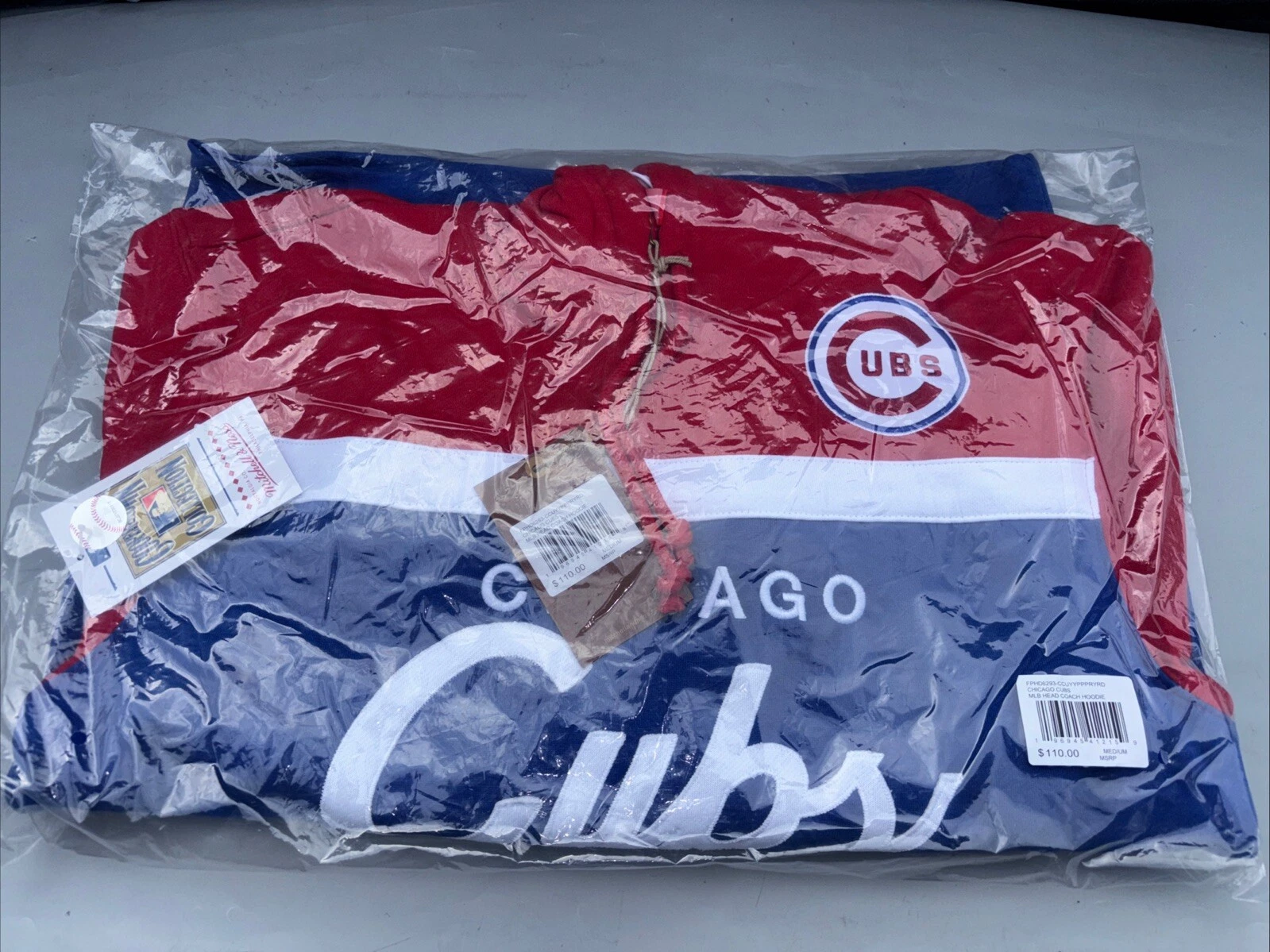 Felpa con cappuccio Mitchell & Ness Chicago Cubs Head Coach uomo media nuova con etichette prezzo al pubblico consigliato $110