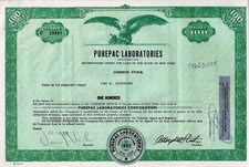 Purepac Laboratories Corporation, New York, 1971, (100 Shares) Adler-Vignette