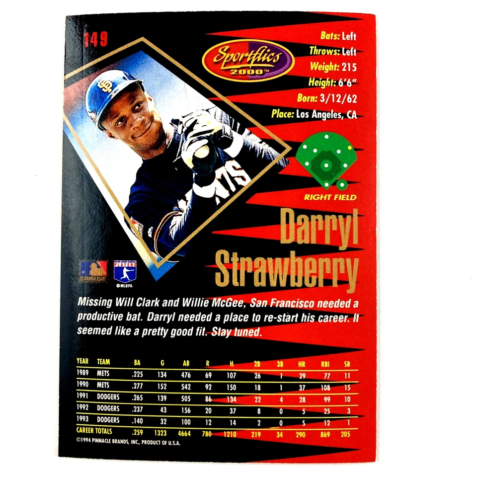Darryl Strawberry 1994 Sportflics 2000 Rookie & Traded #149 San Francisco Giants - Image 2 of 2