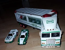 1997 Hess Truck complete with Two Race Cars in Trailer Free US Shipping!