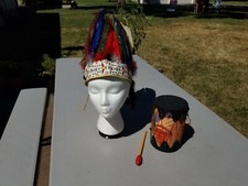 c. 1960's Child's Toy Pretend Play Headdress w/ Feathers Deco Drum Drumstick