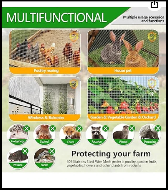 304 Stainless Steel Mesh Hardware Cloth 1/4 Inch Chicken Wire Fencing（12In×10Ft）