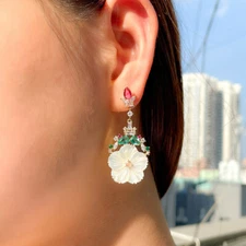 Women Boho Gold Plated Long White Flower Drop Earrings CZ Zircon Wedding Jewelry