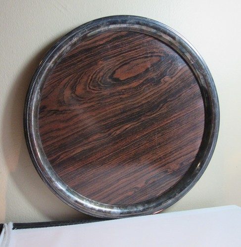 Mid century wood grain formica, silverplate Sheffield serving tray - Picture 3 of 9