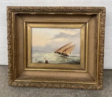 Antique Original Oil Painting Of A Ship At Sea By Luiz Assencio Tomasini