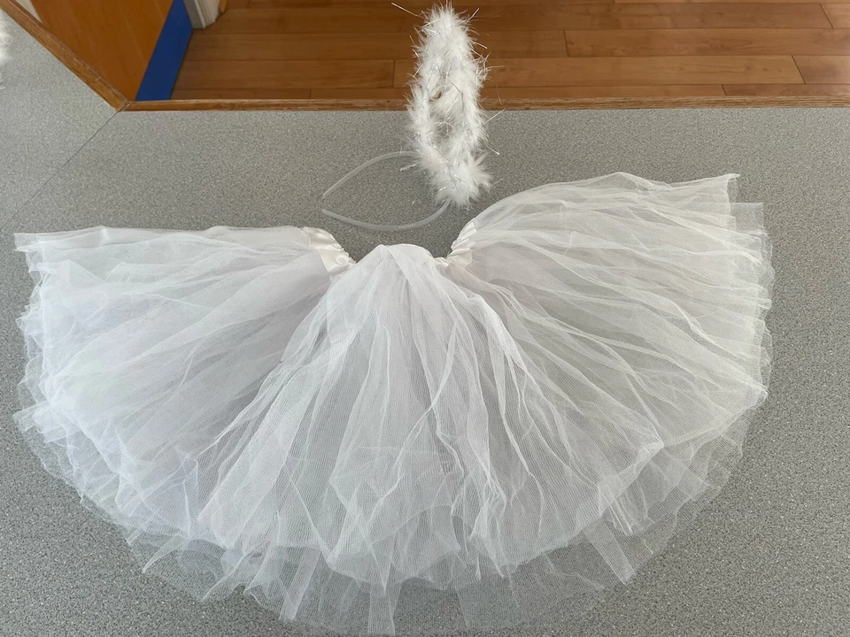 Juego de 4 diademas blancas/doradas de ángel de hadas, vestido, tutú blanco y halo blanco Foto 2 de 4