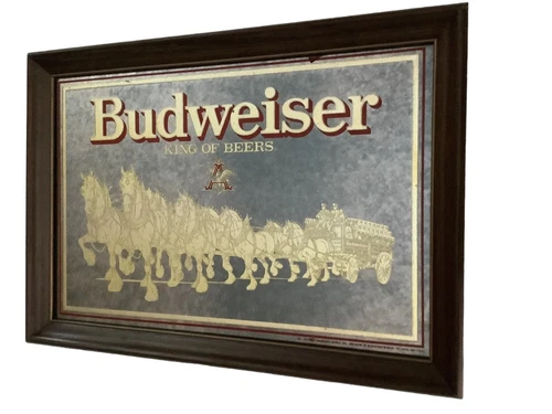 Vtg Budweiser Mirror Clydesdales Kings of Beers Framed Sign 20x14” Bar Decor