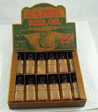 Old Vintage J.A. COXE REEL OIL Dealer Display - 12 Glass Bottles + Display Box