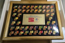 Coca-Cola 1984 Olympic International Flag Pin Series In Oak Frame 50 Pins