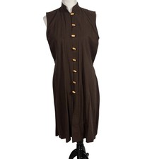 VTG Deva Lifewear Silk Midi Dress Mandarin Collar Bamboo Buttons Brown Size S