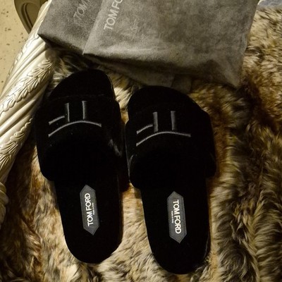 Tom Ford Men's Black Suede Slide Slippers Open Toe Rubber Sole Made Italy