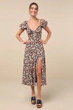 Lulus Meadow Muse Floral Tie-Back Puff Sleeve Midi Dress Black Small