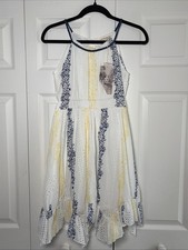 Hannah Banana Eyelet Halter Dress Girls Size 14 White Blue Yellow Floral Cotton