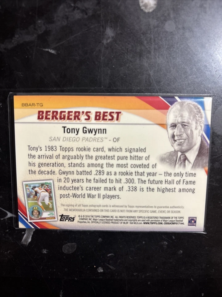 Tony Gwynn Parche Auto Bergers Best 06/10 Topps Padres Salón de la fama Foto 2 de 4